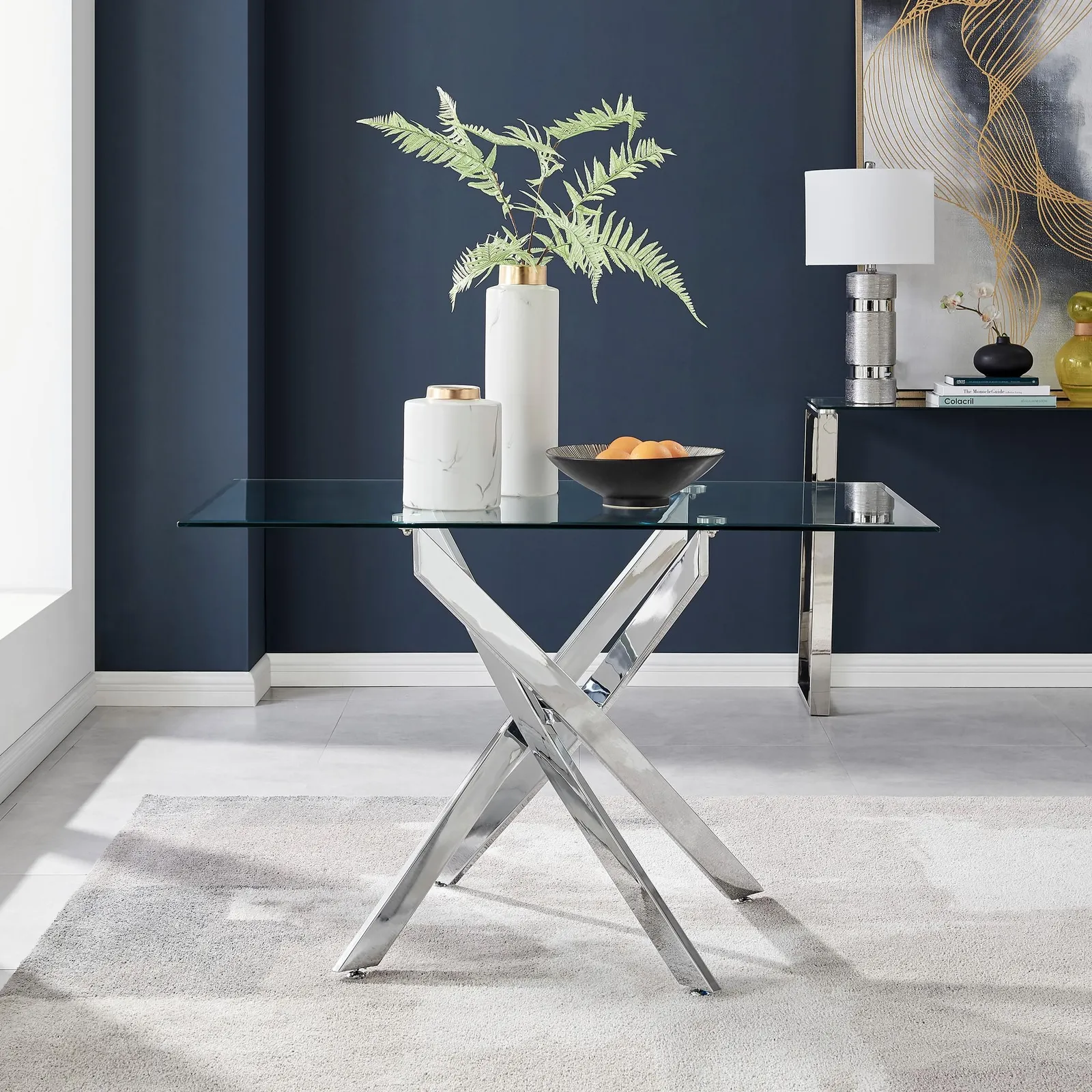 FurnitureboxUK Leonardo 120cm 4-Seater Glass & Chrome Metal Starburst Dining Table in Silver 1