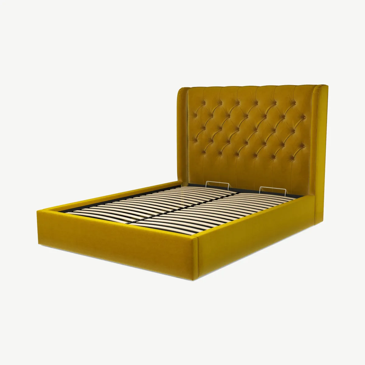 Romare King Size Ottoman Storage Bed, Saffron Yellow Velvet