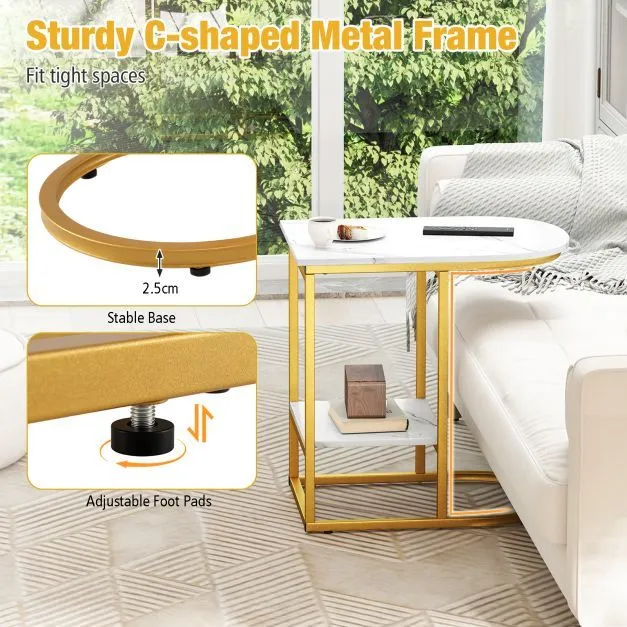 Costway C-shaped End Table Modern Sofa Side Table with Storage Shelf in White 5