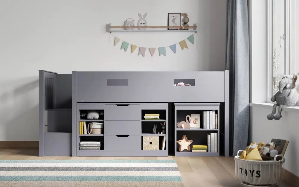 Flair Charlie Staircase Mid Sleeper Cabin Bed with Storage & Desk in Grey 3