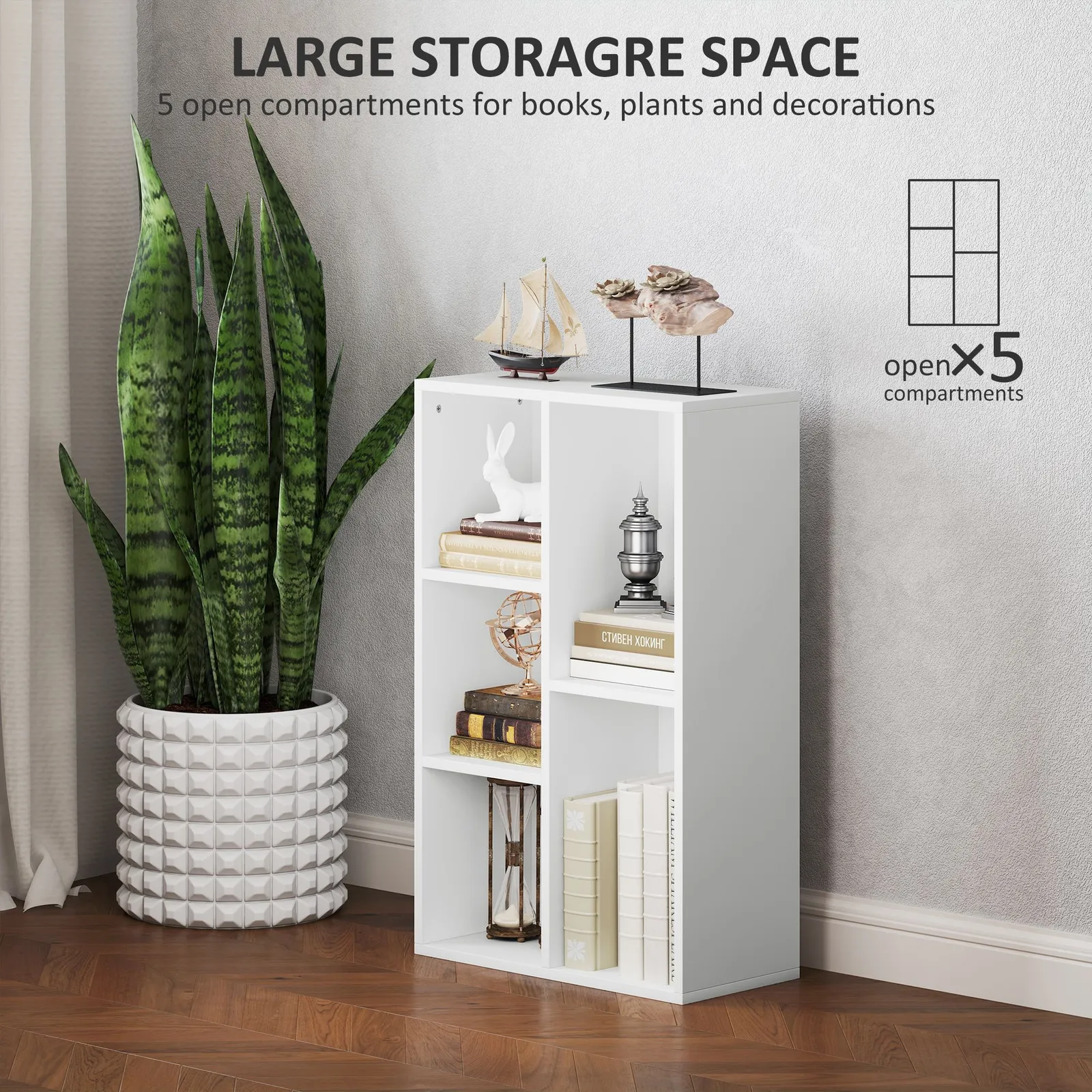 HOMCOM 2-Tier Bookshelf with 5 Open Storage Compartments in White 4