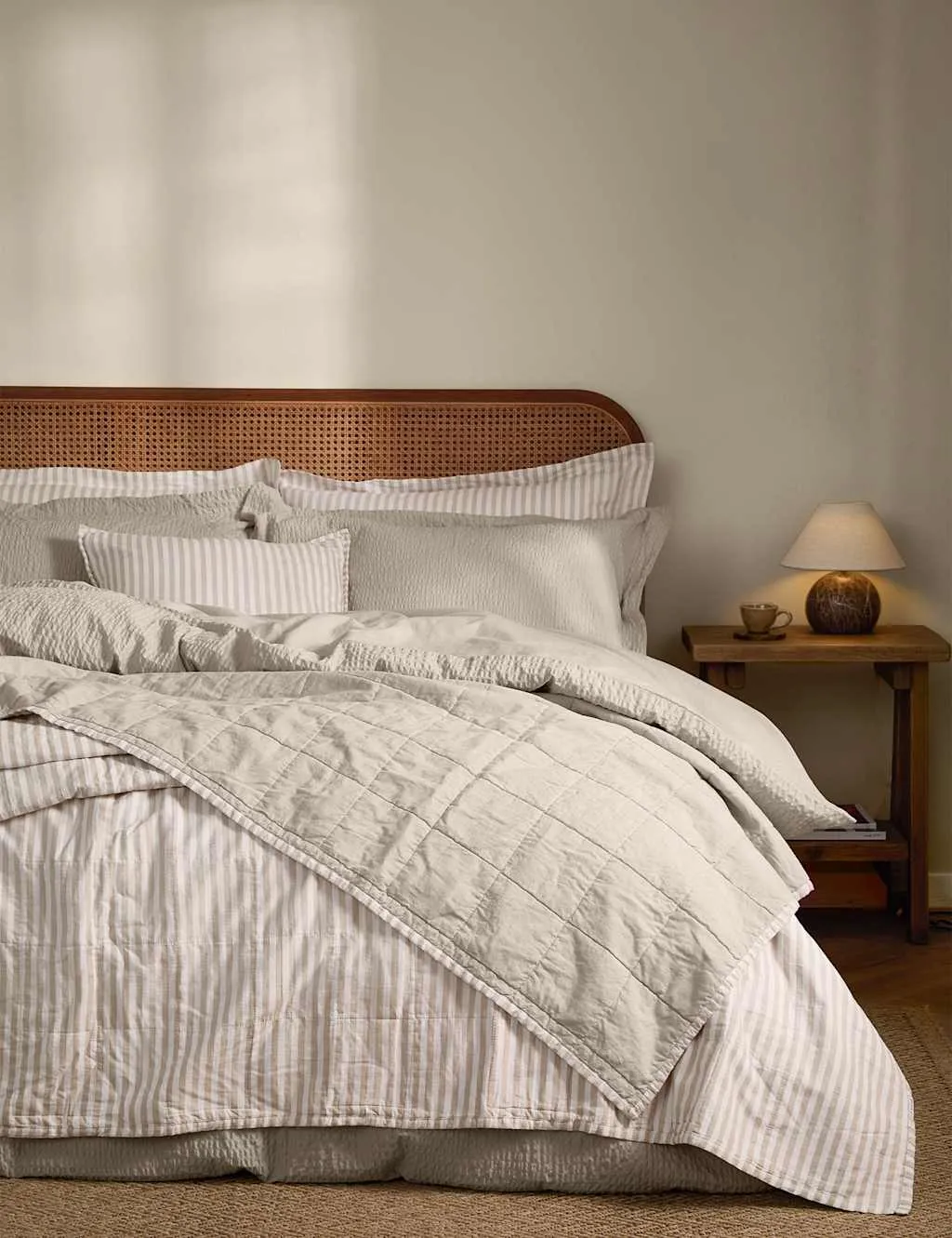 YARD Hebden Washed Striped Quilted Bedspread Oatmeal
