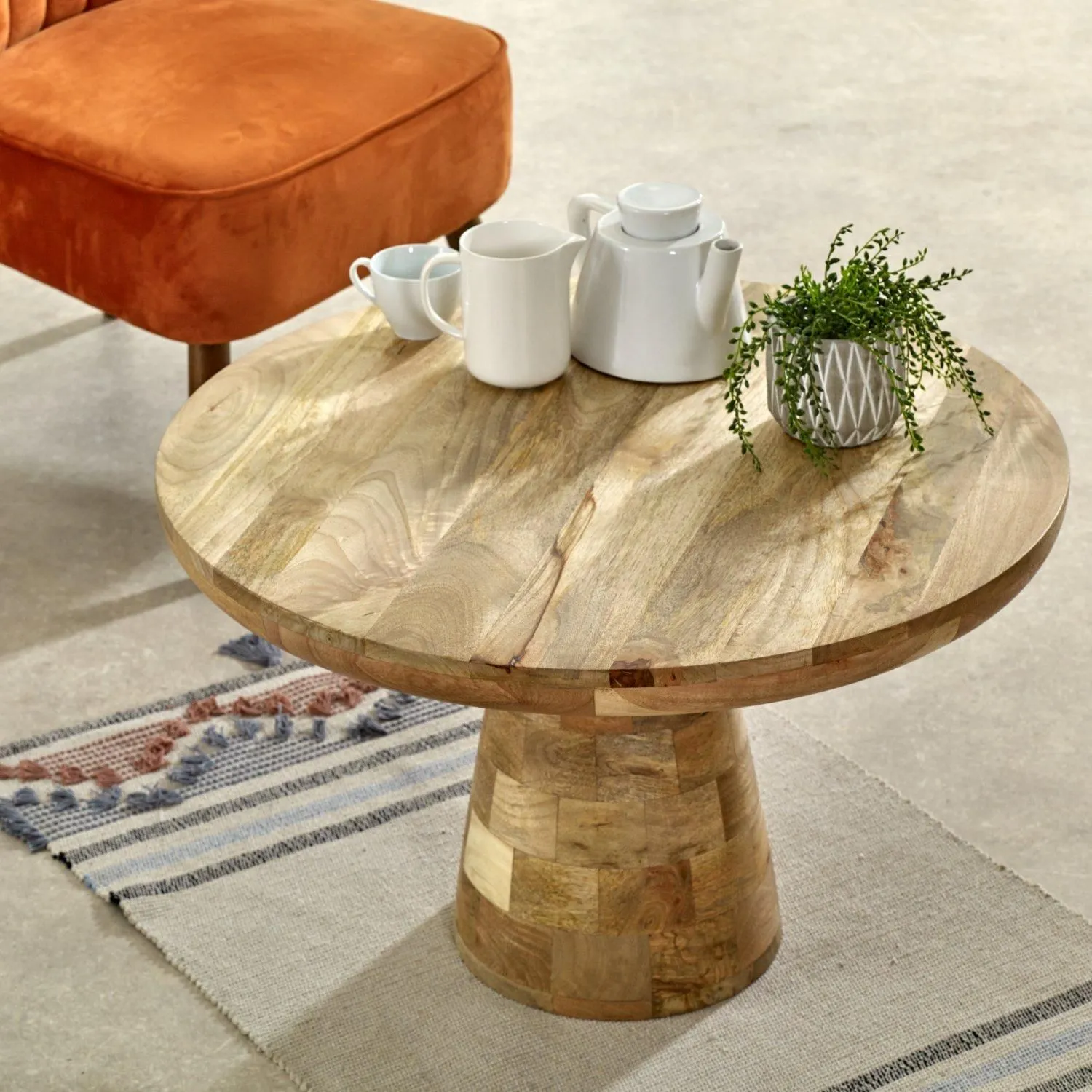 IH Design Bratton Mango Wooden Round Coffee Table Mushroom Style in Brown 2