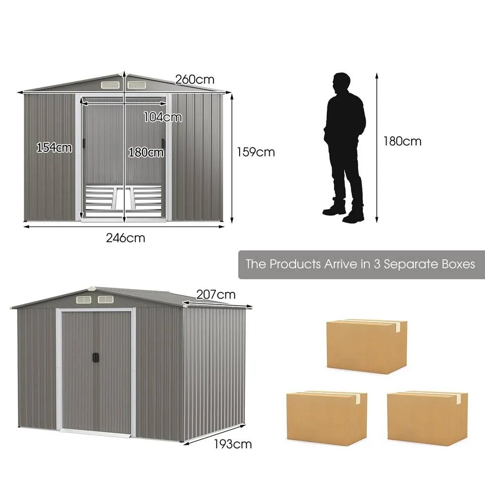 Costway 260×207cm Steel Outdoor Storage Shed Double Doors Ramp Grey 2