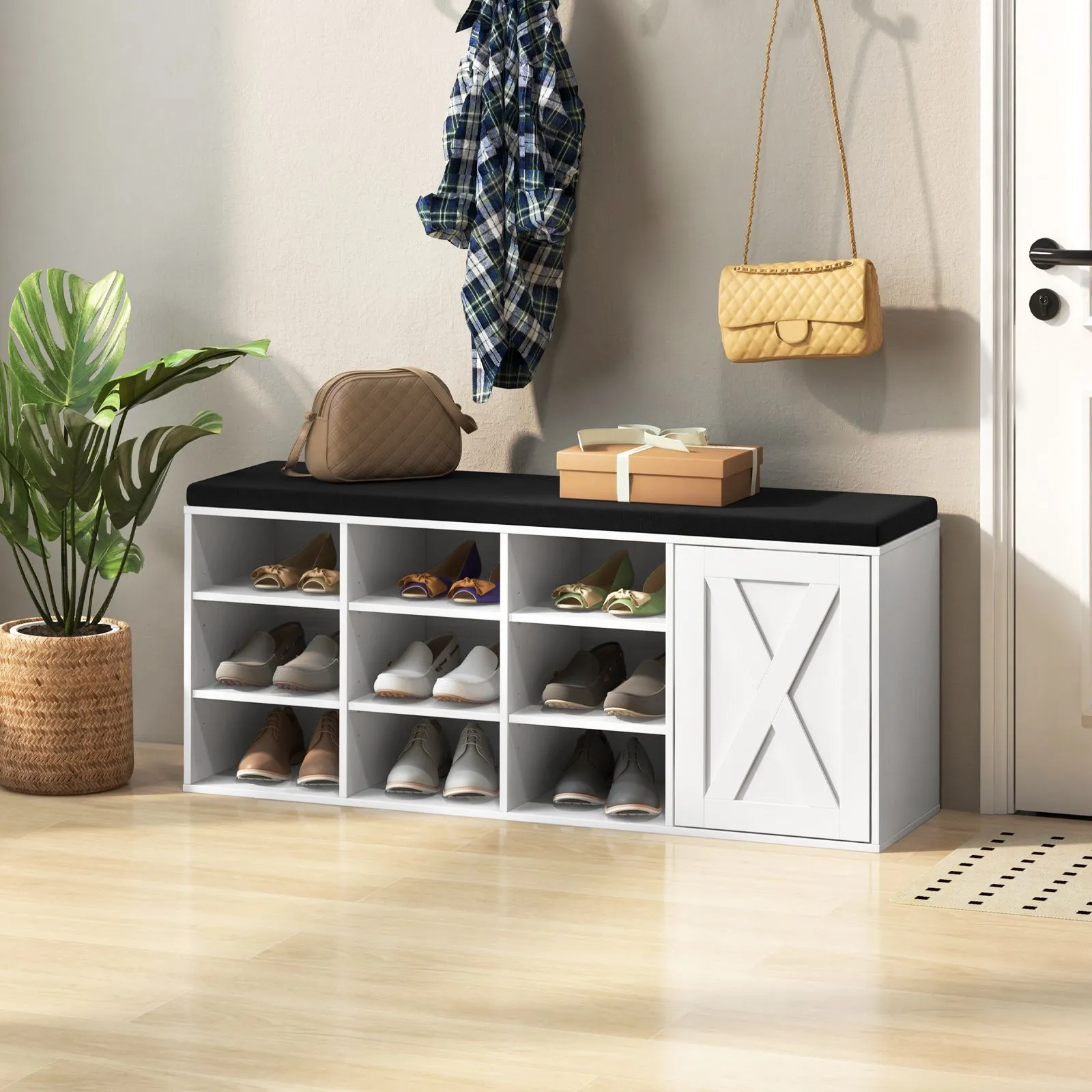 Costway Shoe Storage Bench 3-Tier Entryway Bench w/ Padded Cushion in White 3