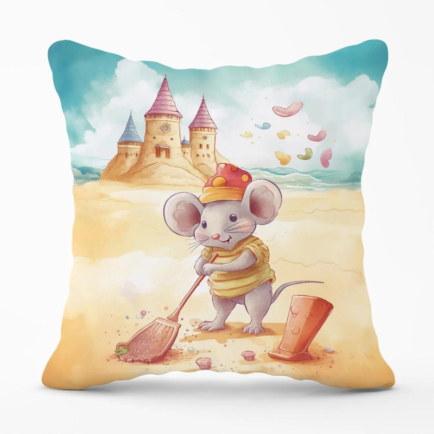 Warren Reed - Designer Mouse On A Beach Holiday Outdoor Cushion in Yellow