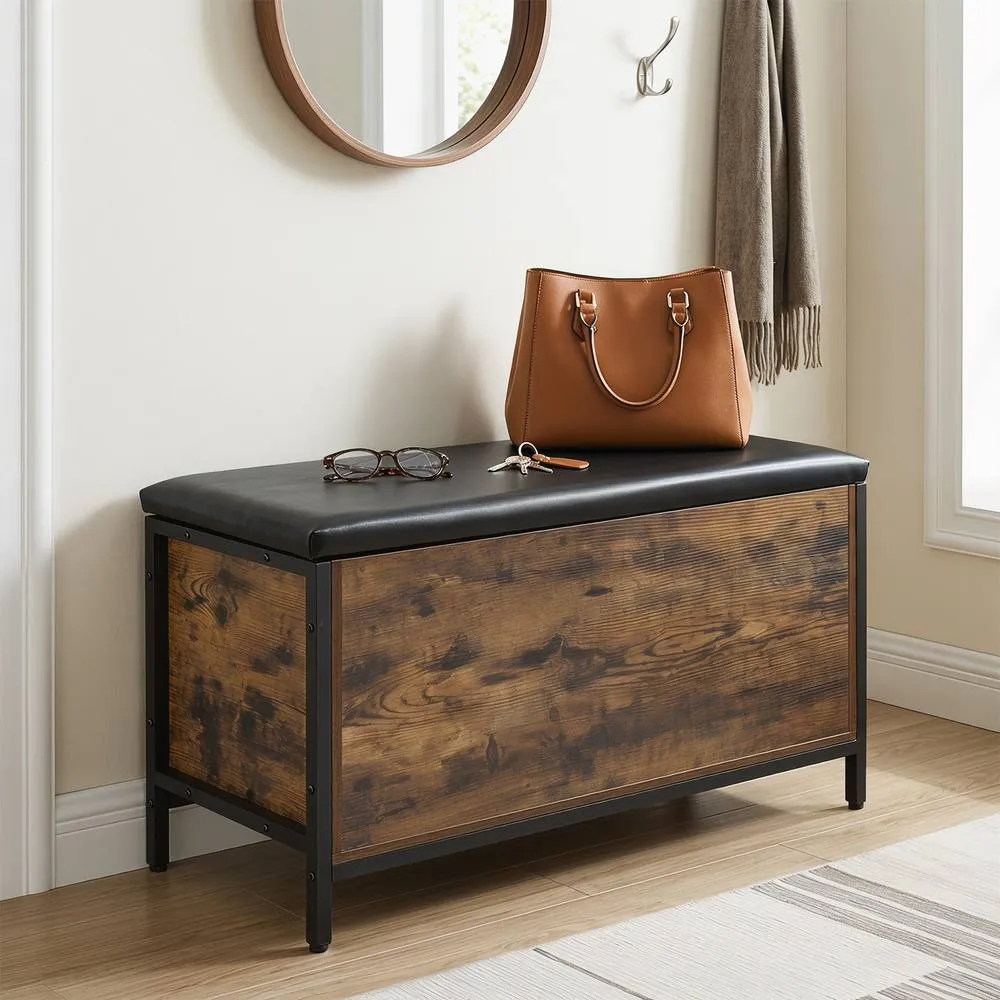 Costway Storage Chest Industrial Shoe Bench with Faux Leather Padded Seat in Brown 3