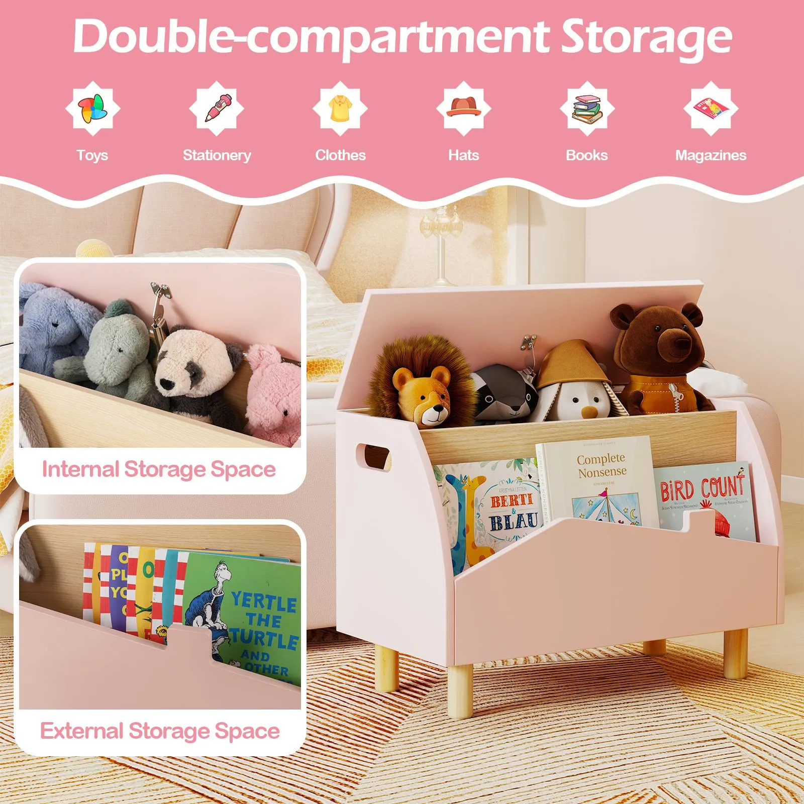 Costway Toy Storage Chest Bookcase Wooden Toy Box w/ Shelf in Pink 5