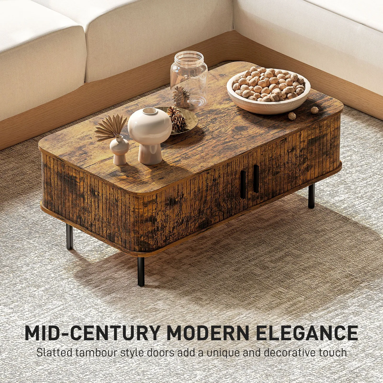 HOMCOM Coffee Table with Storage & Sliding Doors for Living Room in Brown 4