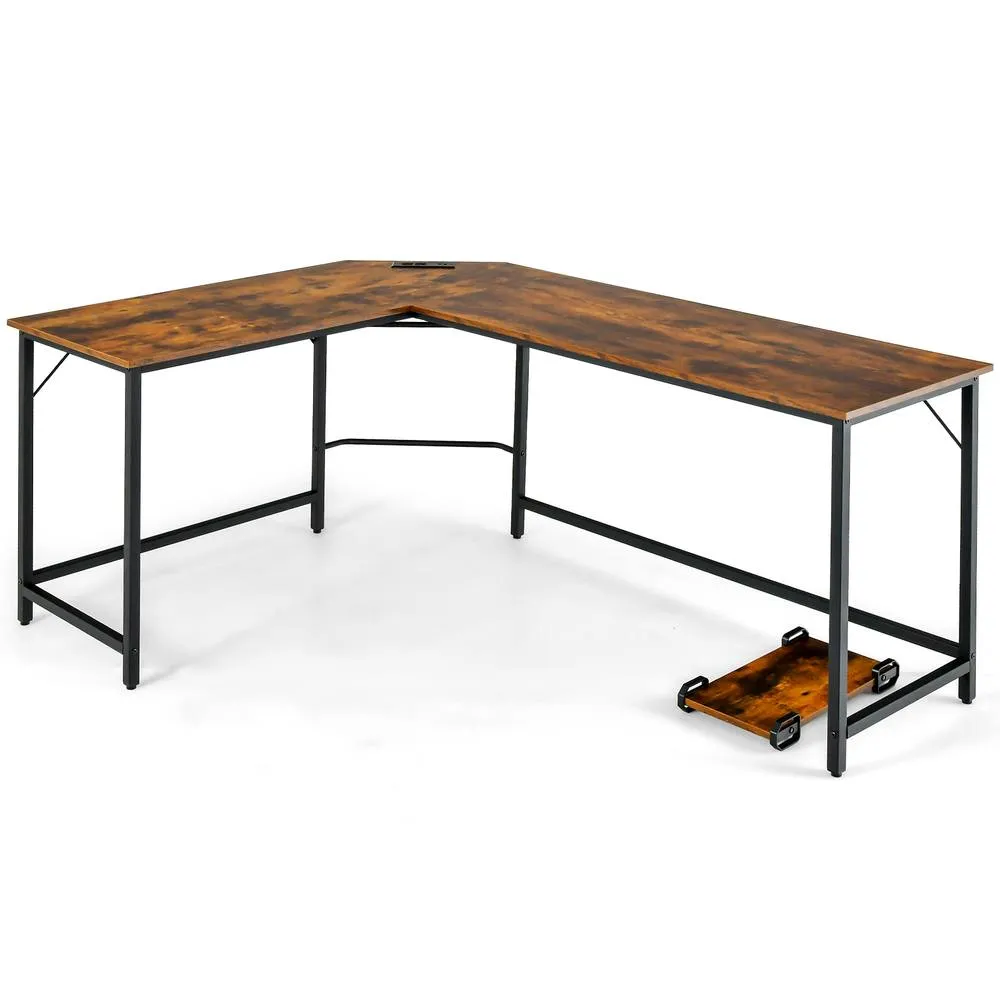 Costway L-Shaped Home Office Desk Computer Corner Desk Gaming Table with CPU Stand in Brown 4