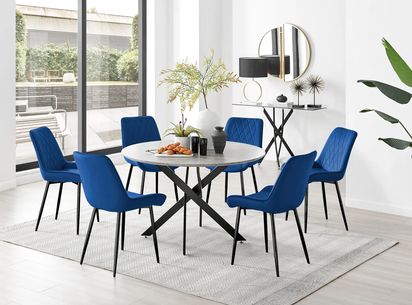 FurnitureboxUK Novara Grey Concrete Effect Black Leg 120cm Round Dining Table & 6 Pesaro Black Leg Chairs in Navy 1