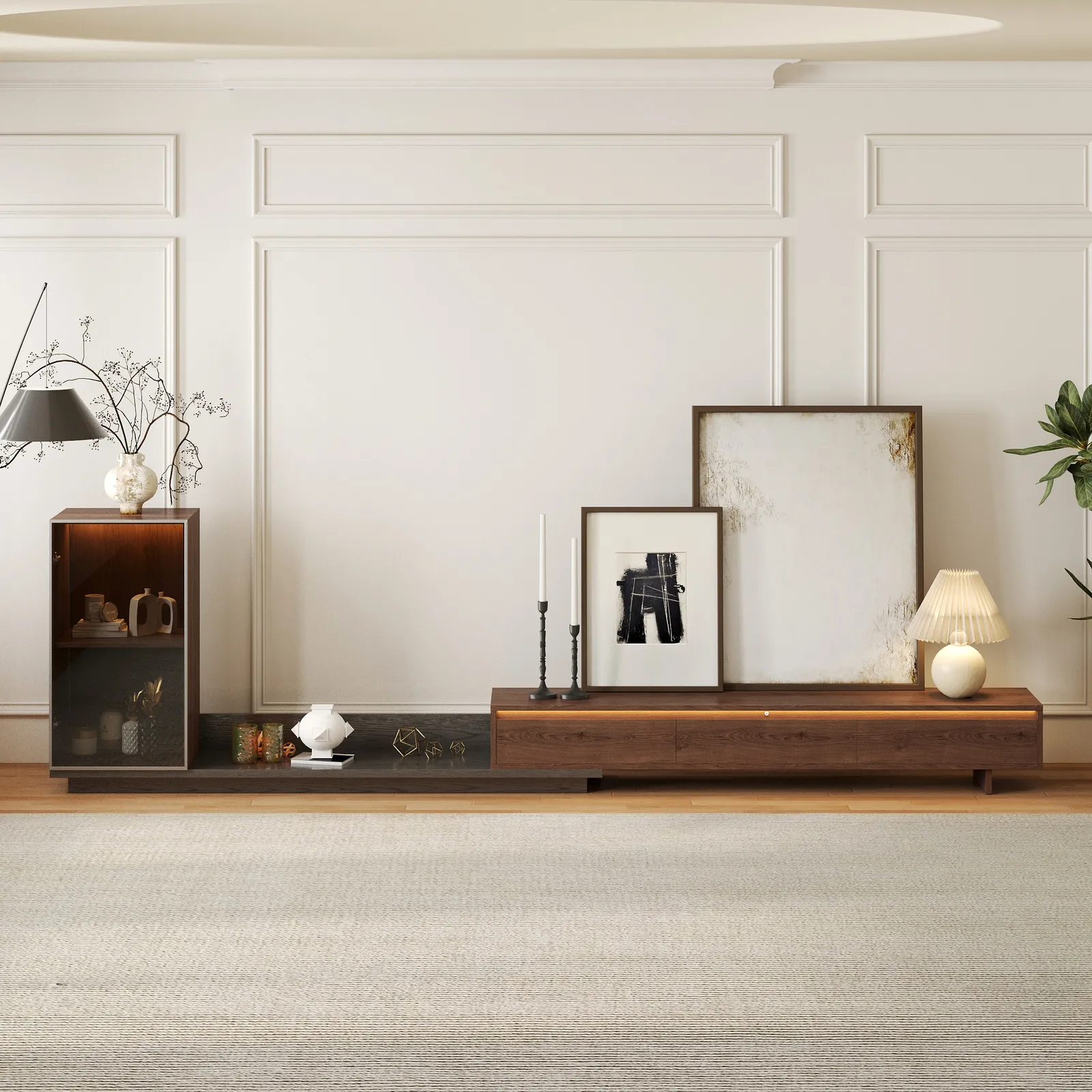 Fero Walnut & Gray Extendable TV Stand with Bookshelves & Light(250 - 390 cm)