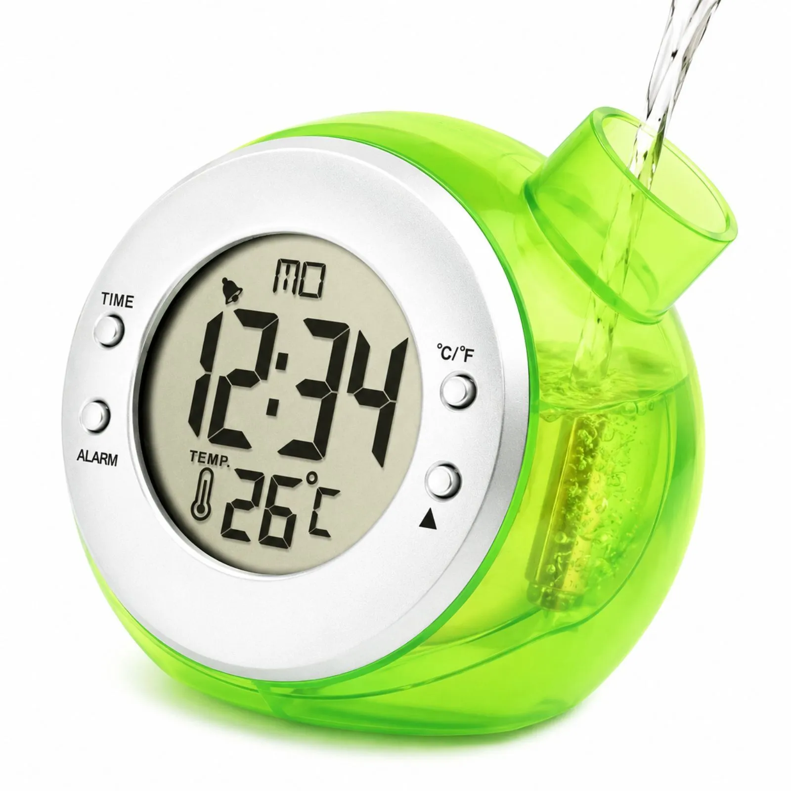 Smart Living Water Powered Multi Function Digital Battery-Free Kettle Shape Desk Clock in Green 2