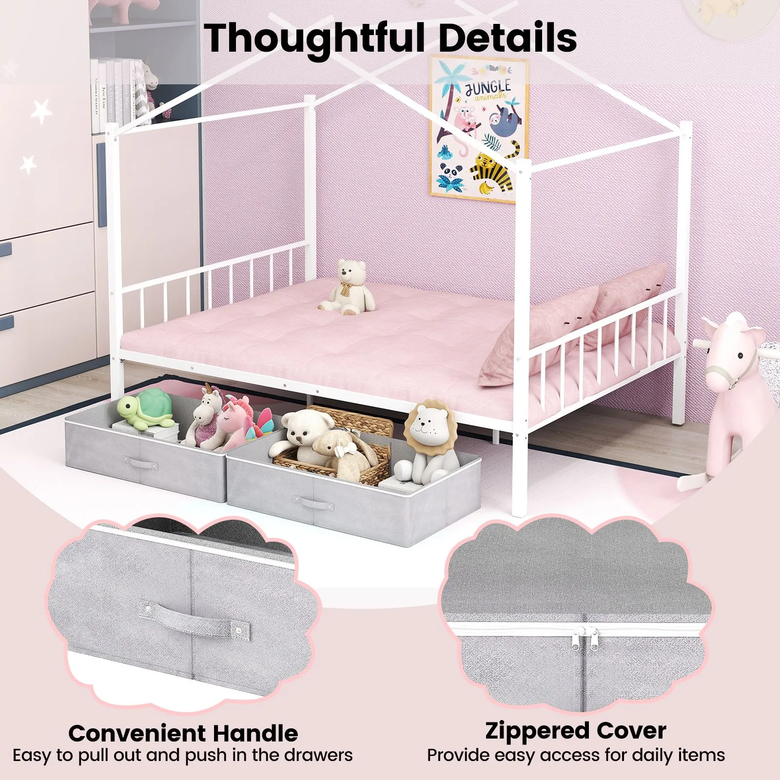 Costway Double Size House Bed Heavy-Duty Metal Platform Bed w/2 Drawers in White 6