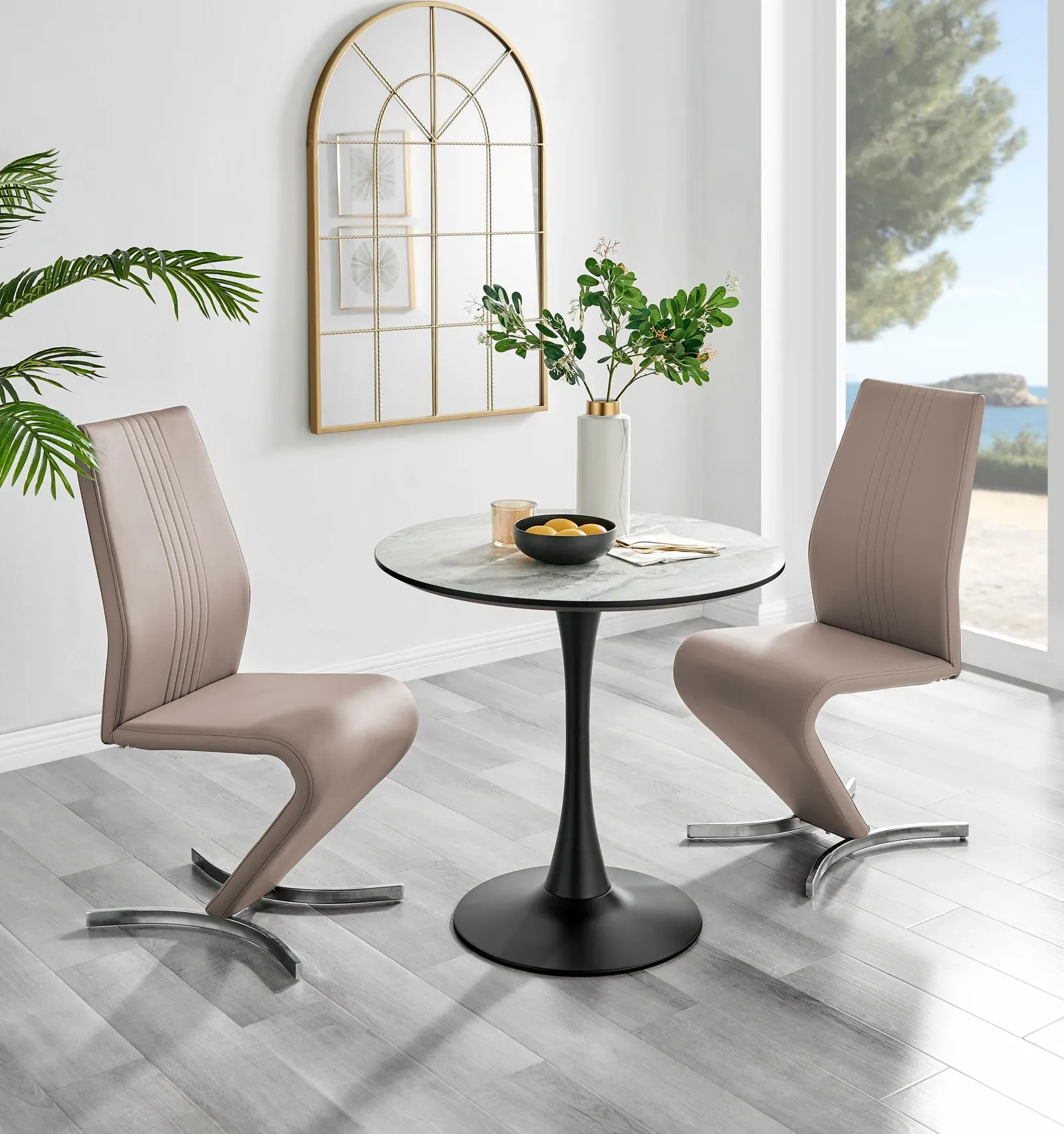 FurnitureboxUK Elina White Marble Effect Scratch Resistant Dining Table & 2 Willow Faux Leather Chairs in Beige 1