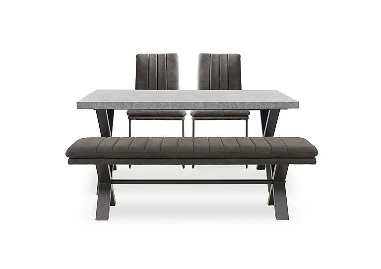Moon Small Dining Table with X Shaped Legs, Fabric Bench and 2 Fabric Cantilever Chairs