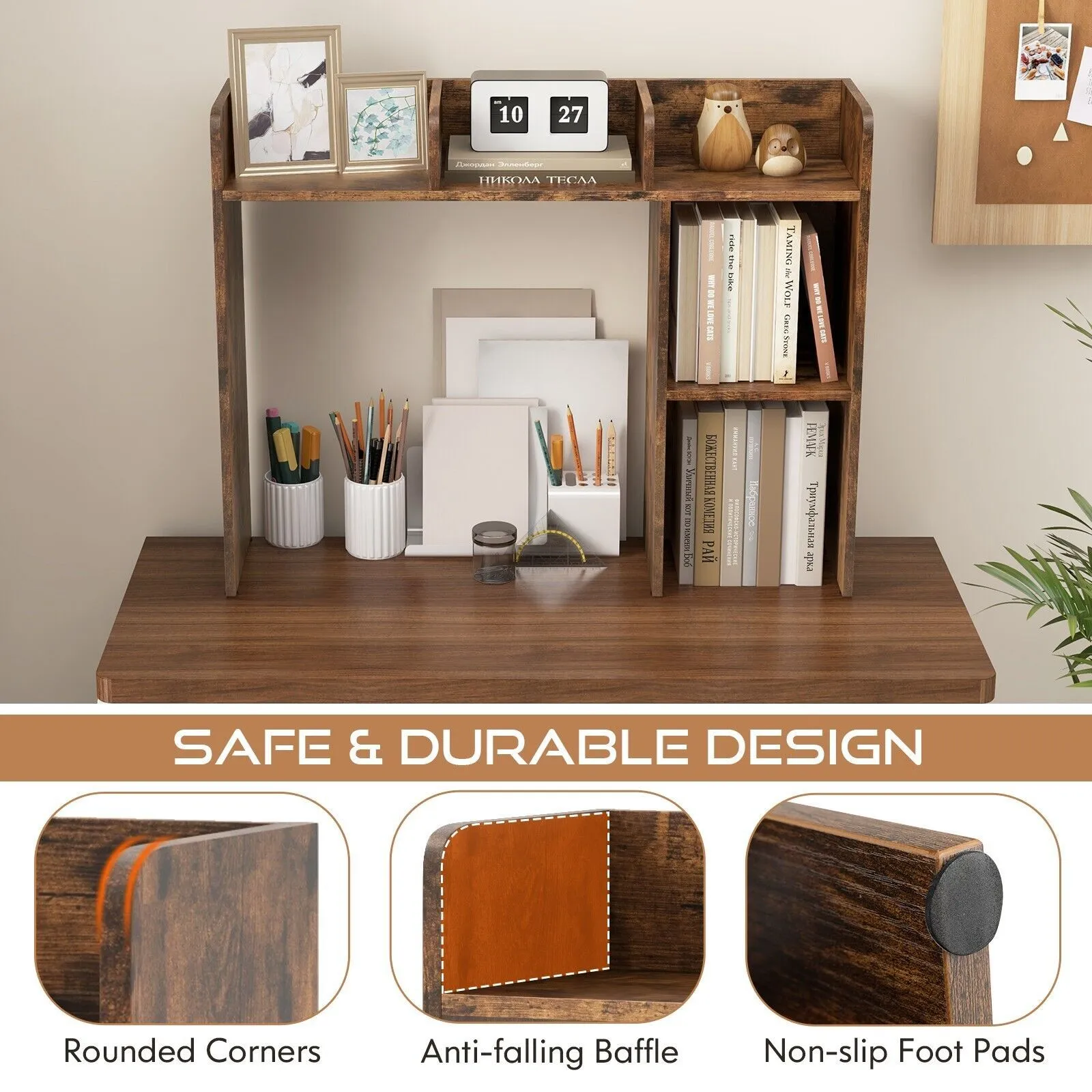 Costway 3-Tier Desk Bookshelf Wooden Home Display Shelf Multipurpose Storage Organizer in Brown 4