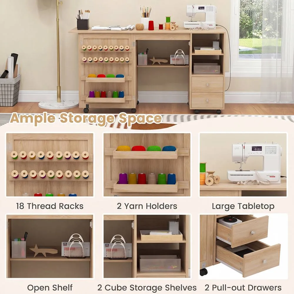 Costway Folding Sewing Table Sewing Machine Cart Table w/Charging Station in Natural 6