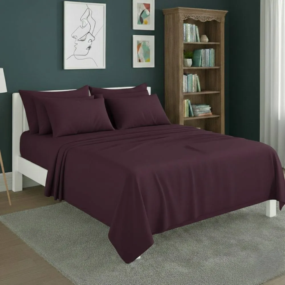 Snug City Plain Poly Cotton Easy Care Fitted Flat Sheet Matching Pillowcases Set in Plum