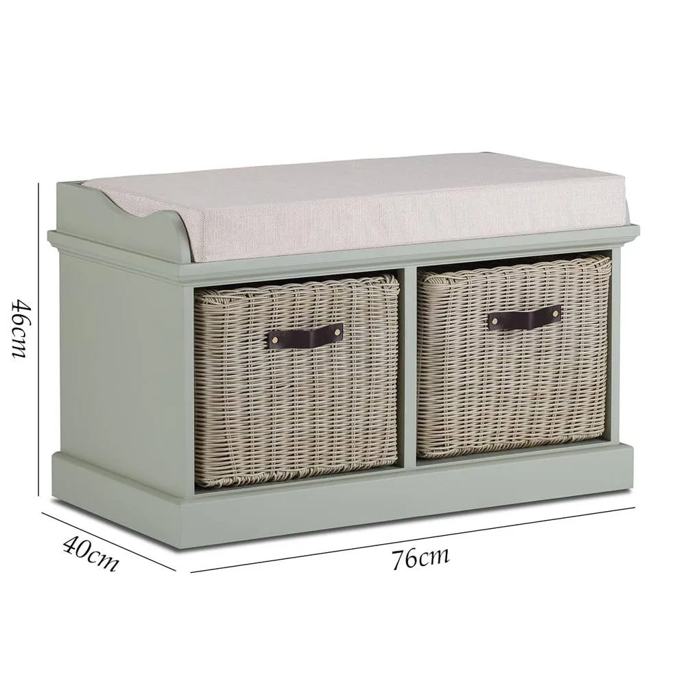 Statement Furniture Tetbury Bench with 2 Brown Faux Rattan Baskets & Cream Cushion in Light Green 2