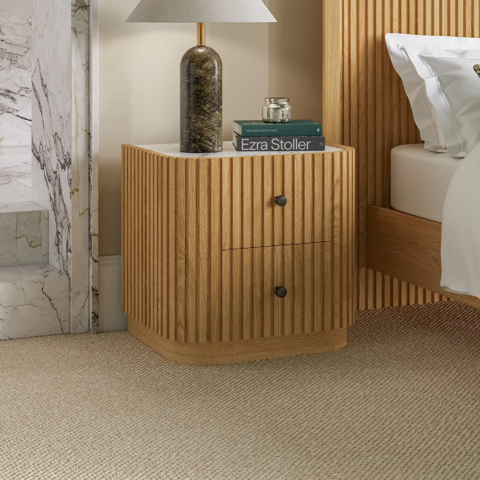 Jacob Bedside Table - Natural Wood / White Marble