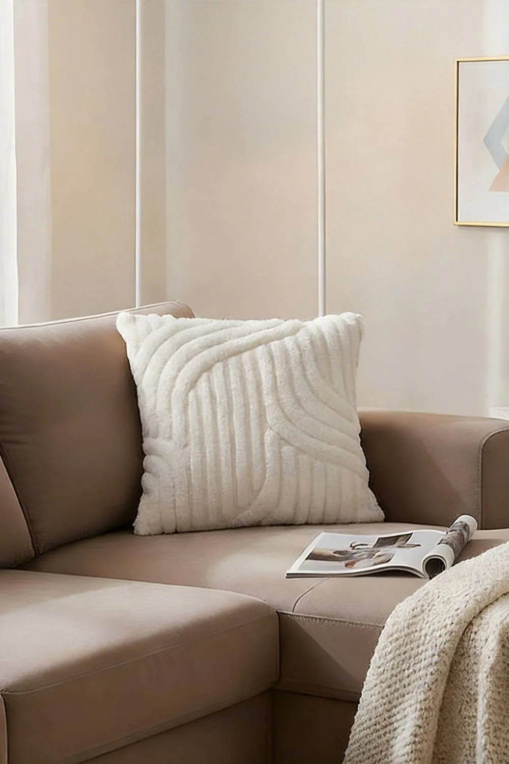 Living and Home 3D Wave Textured Plush Throw Pillow Cover in Beige