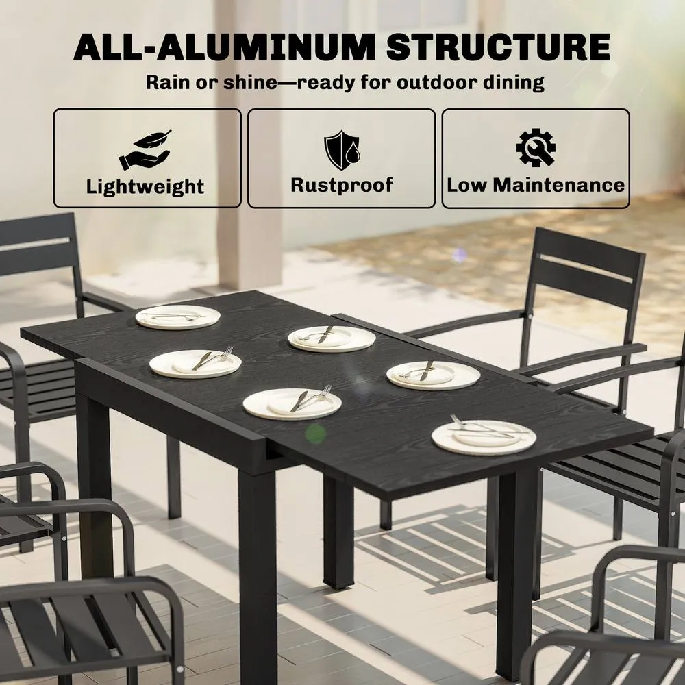 OUTSUNNY Aluminium Extending Garden Table with Faux Wood Slatted Top, Black 5
