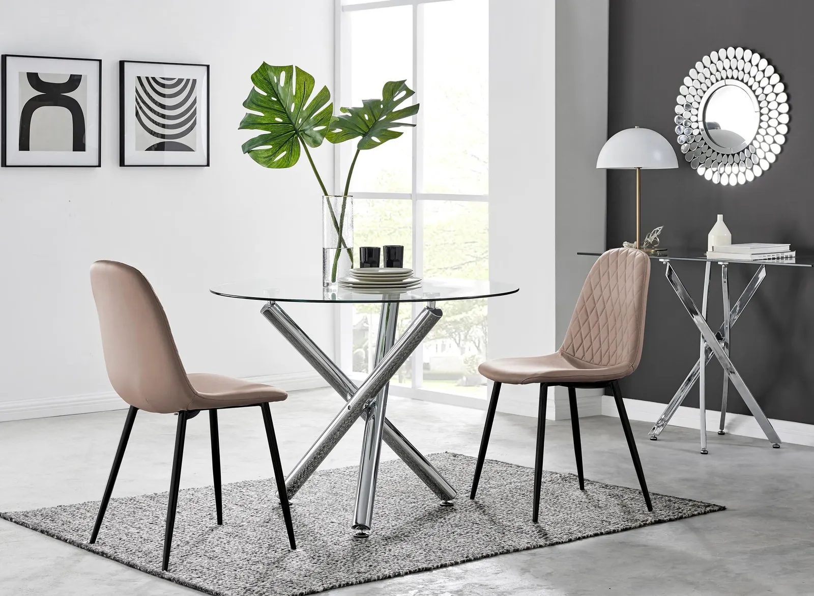 FurnitureboxUK Selina Round Glass Chrome Leg Dining Table & 2 Corona Black Leg Chairs in Beige 1