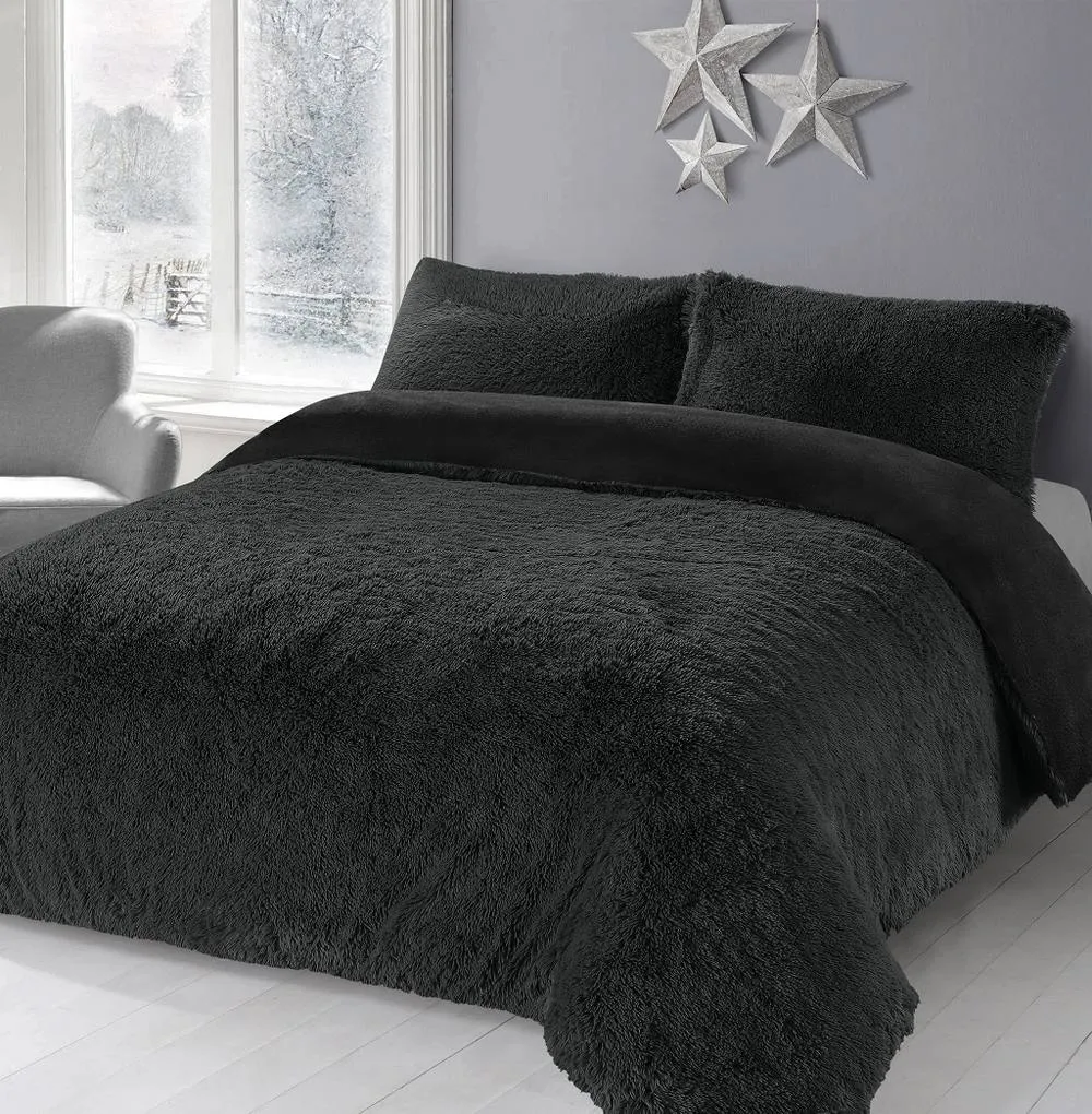 Homes-Linen Alaska Long Fur Teddy Fleece Duvet Cover Set Soft Warm Cosy Bedding in Black