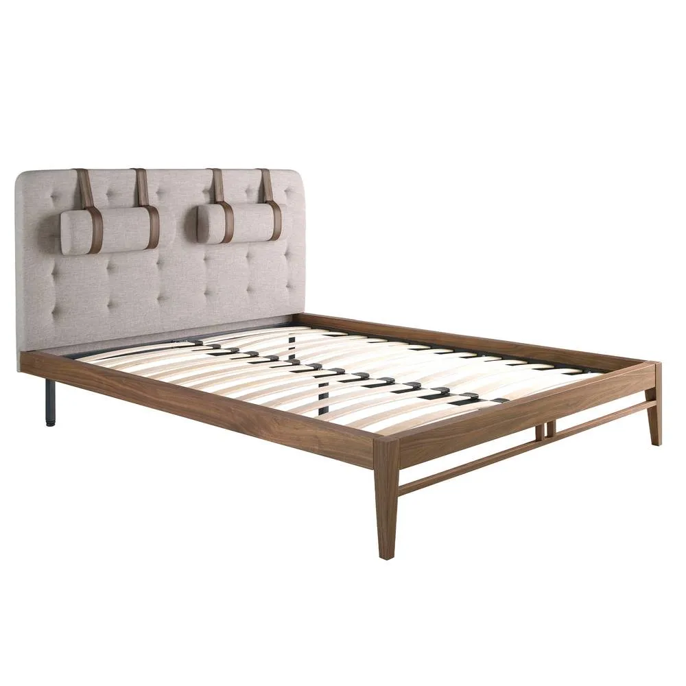 Angel Cerda Grey Tufted Fabric Double Bed with Walnut-Veneer Legs