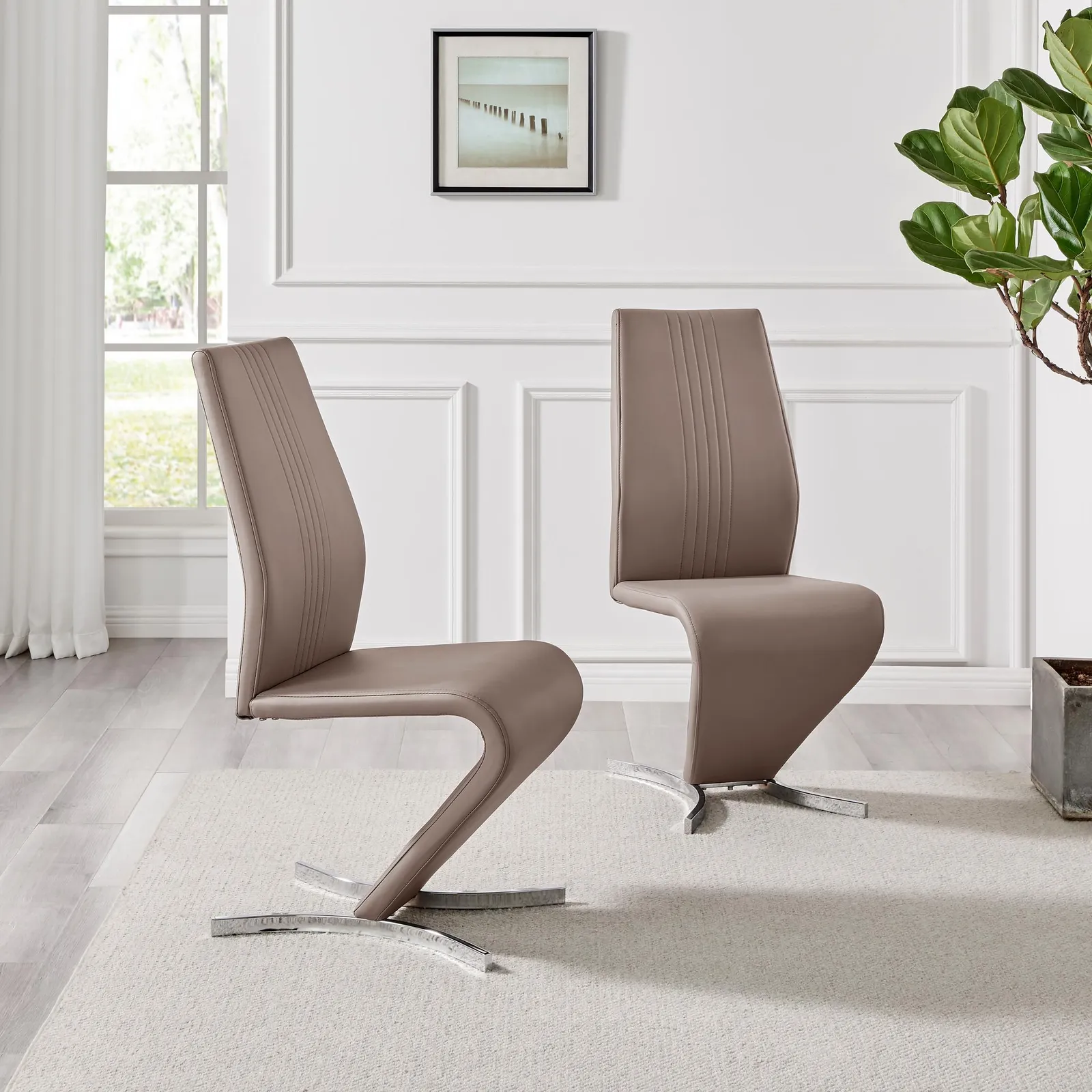 FurnitureboxUK Set of 2 Willow Contemporary Z Shaped Faux Leather Dining Chairs With Silver Chrome Metal Legs in Beige 2