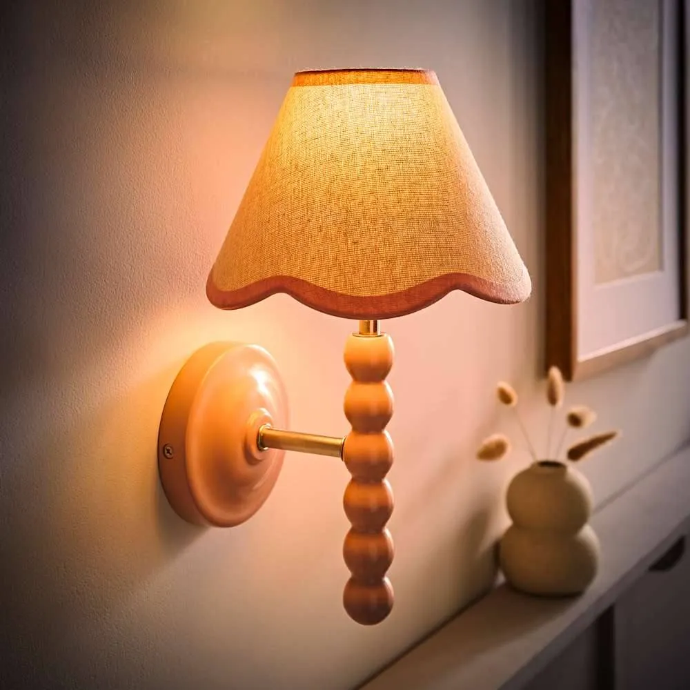 ValueLights Bobbins Pair Pink Bobble Wall Lights & Linen Pastel Trim Lamp Shades in Pale Pink 3
