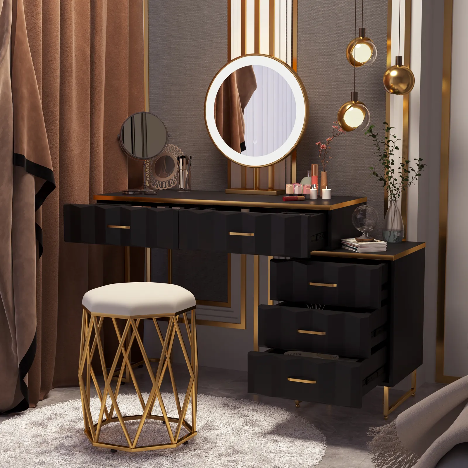 extendable Modern black dressing table with 5 drawers and dressing table with stool and mirror