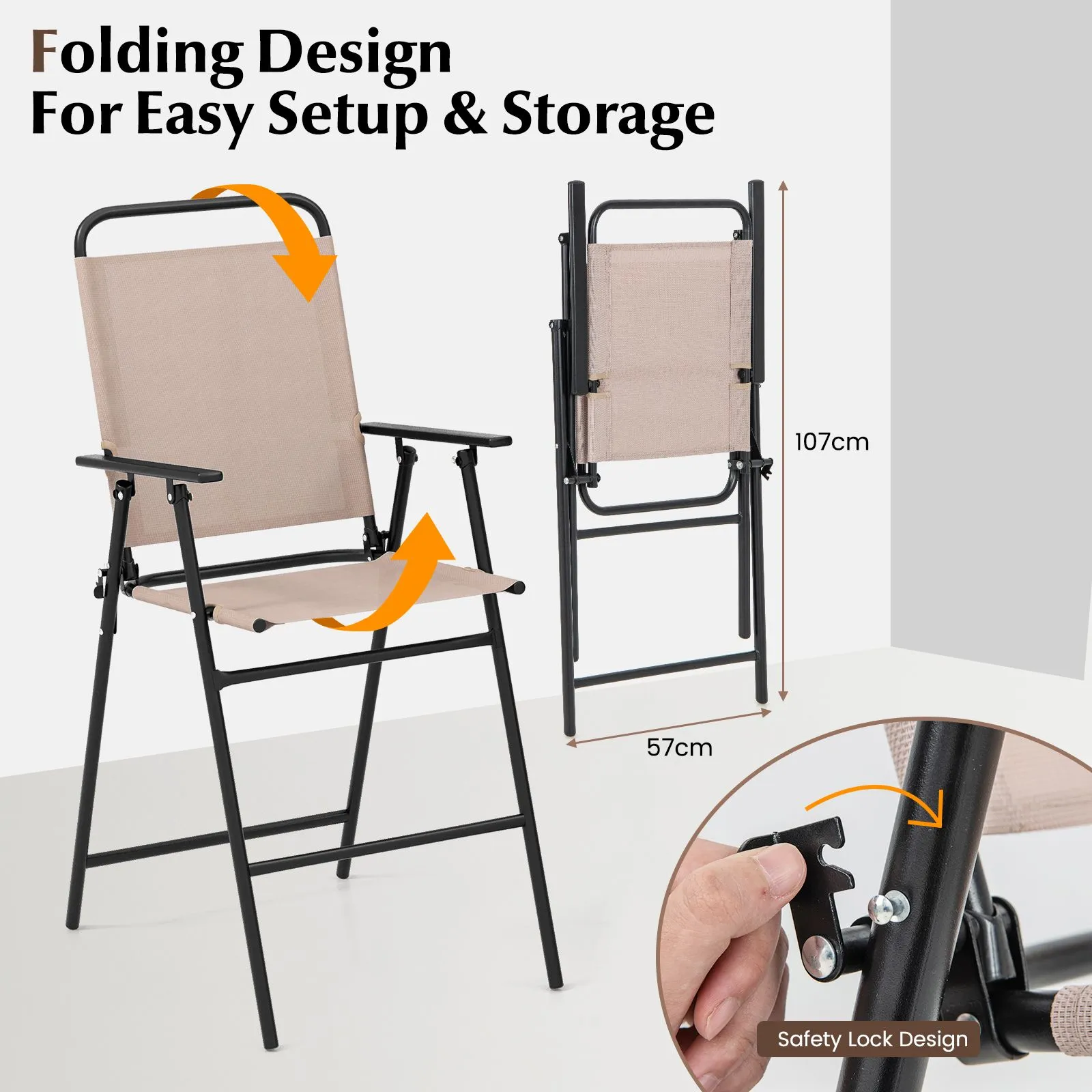Costway 3 PCS Outdoor Folding Bistro Set Patio 2 Folding Chairs & Round Bar Table W/ 4 cm Umbrella Hole in Beige 5