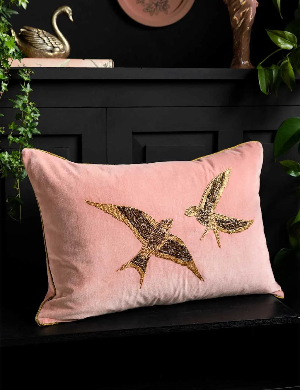 Rockett St George Beaded Love Birds Piped Cushion Pink Mix