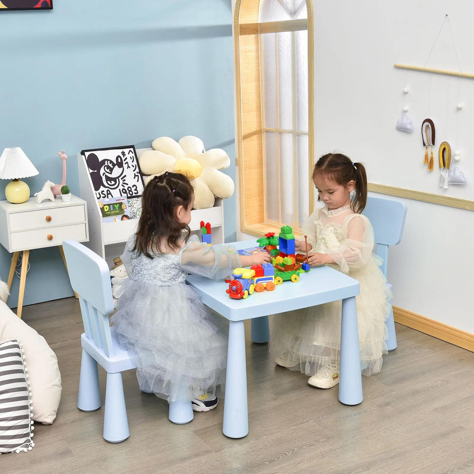 Costway Children Play Table with 2 Chairs Set for Eating Drawing Writing in Baby Blue 3