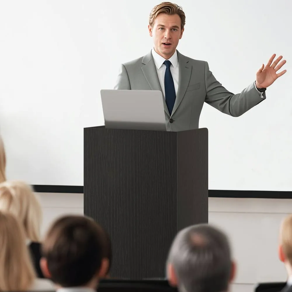 Costway Rolling Lectern Stand 105 cm Presentation Podium w/2 Shelves-Black in Black 6