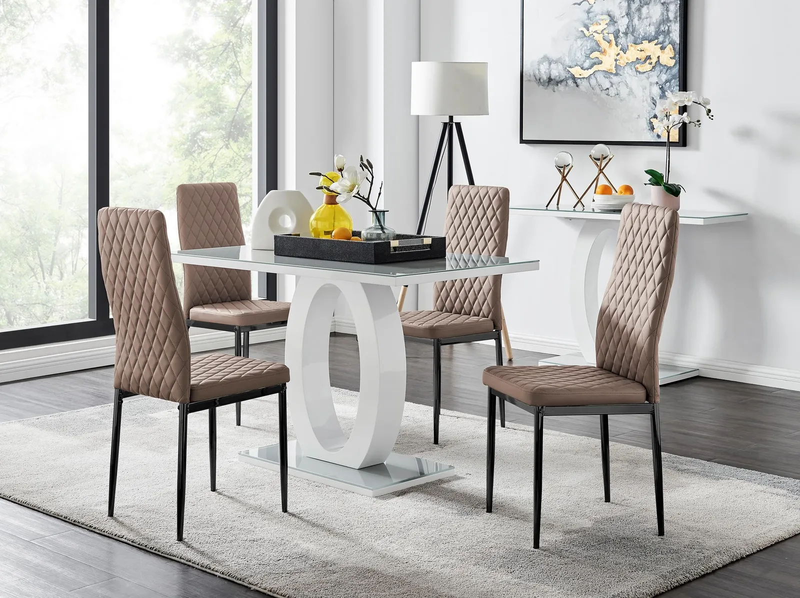 FurnitureboxUK Giovani 4 Grey Dining Table & 4 Milan Black Leg Chairs in Beige 1