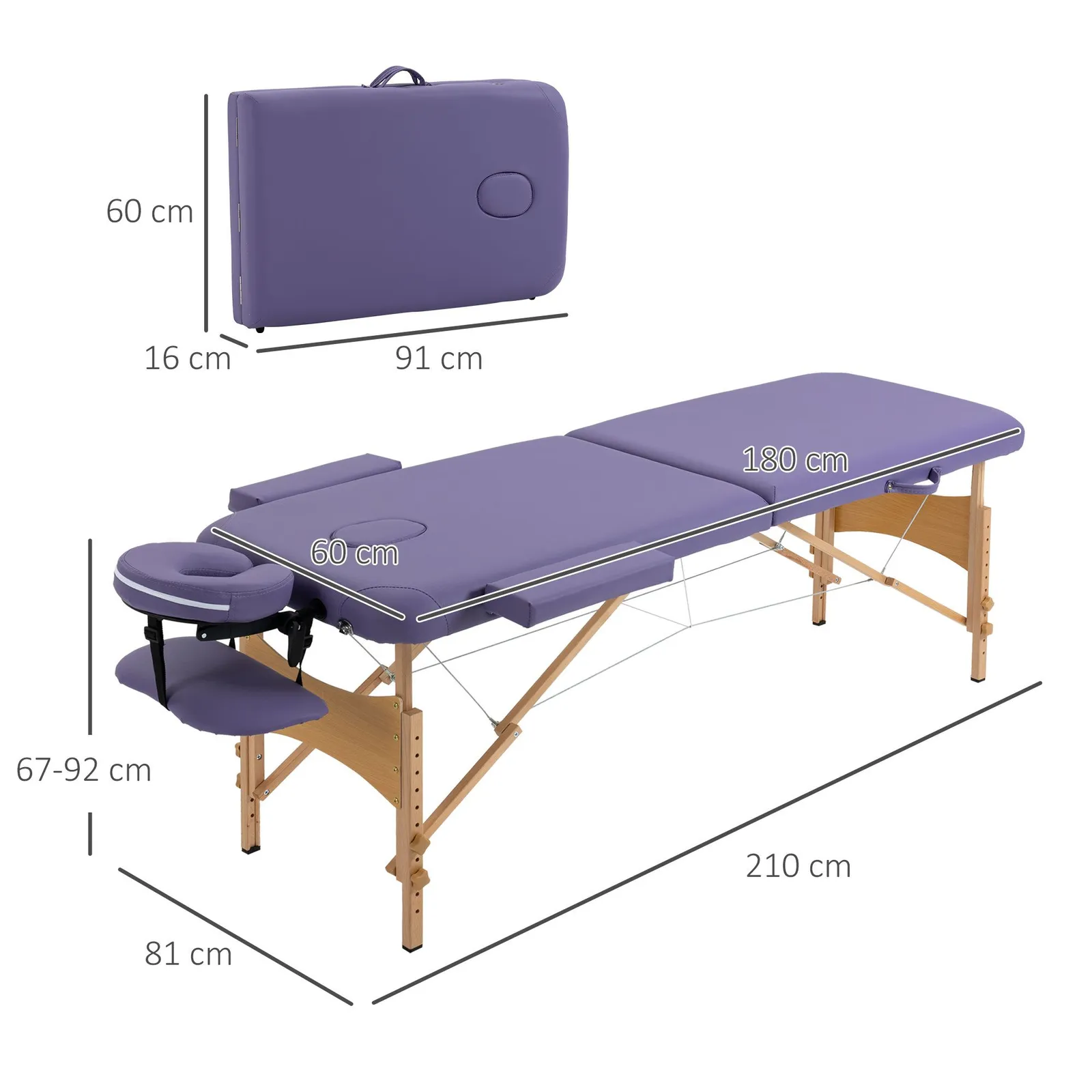 HOMCOM Wooden Folding Spa Beauty Massage Table w/ 2 Sections, Carry Bag in Purple 3
