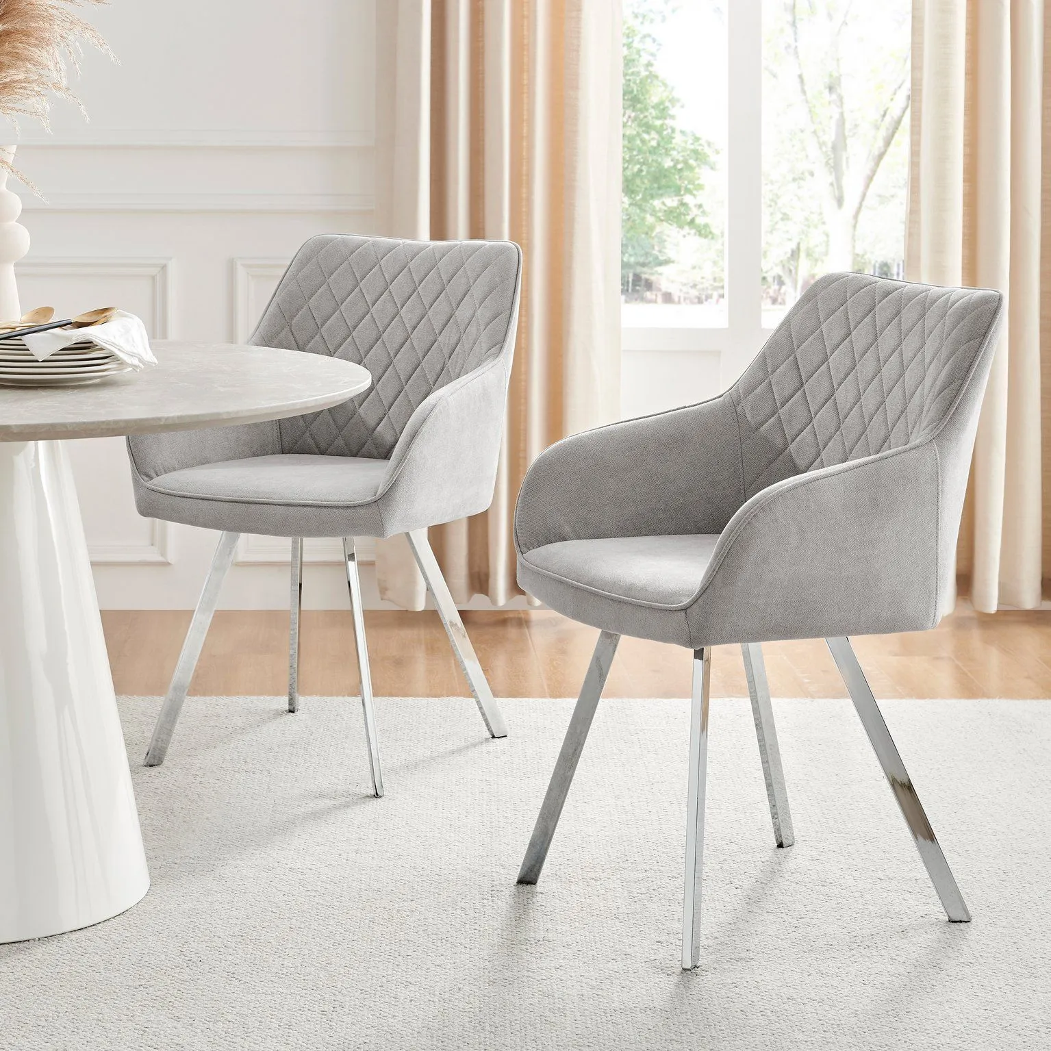 FurnitureboxUK Set of 2 Falun Deep Padded Dining Chairs Upholstered in Soft & Durable Fabric With Silver Chrome Legs in Light Grey 1