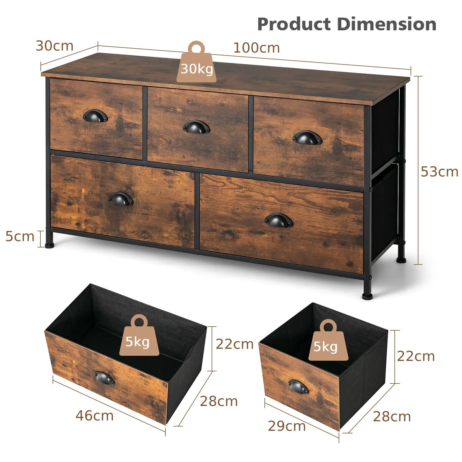 Costway 2-Tier Fabric Storage Organizer 5 Drawers Dresser Organizer Chest of Drawers in Brown 2
