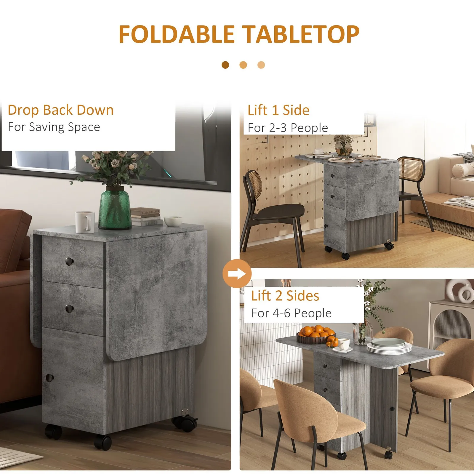 HOMCOM Folding Dining Table, Drop Leaf Table With Storage Drawers in Mid Grey 6