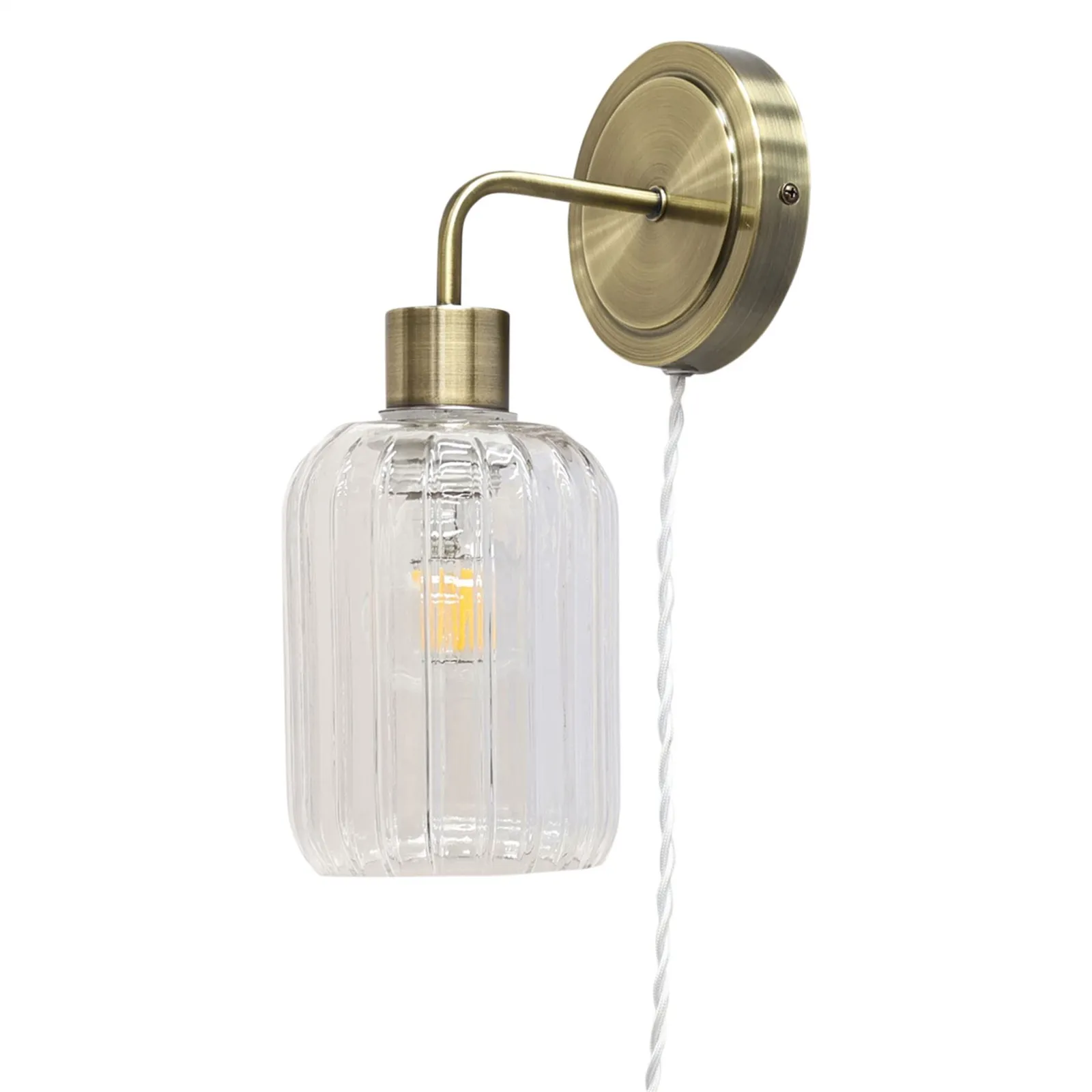 First Choice Lighting Set of 2 Toby - Antique Brass Plug in Wall Lights Ribbed Glass Shades in Gold 3