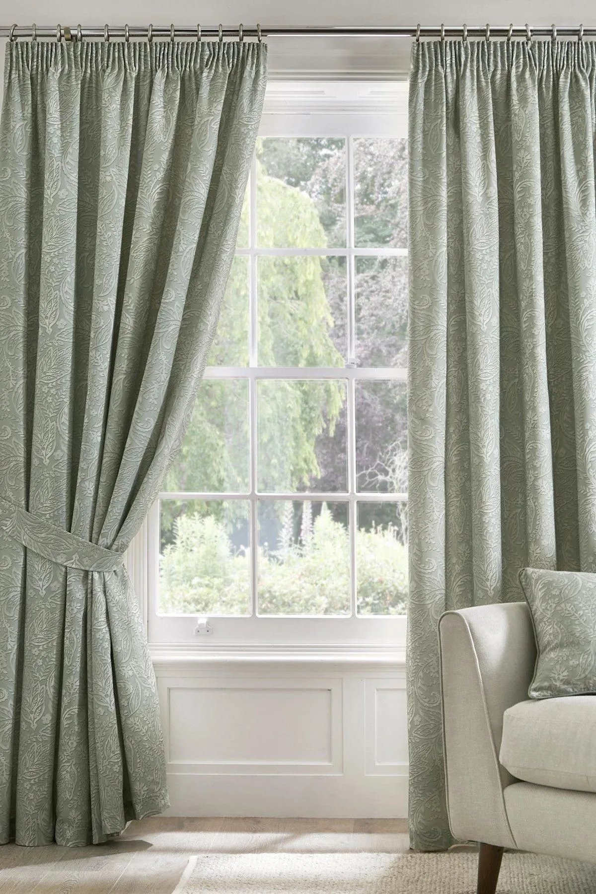 Dreams & Drapes 'Aveline' 100% Cotton Pair of Pencil Pleat Curtains With Tie-Backs in Green 1