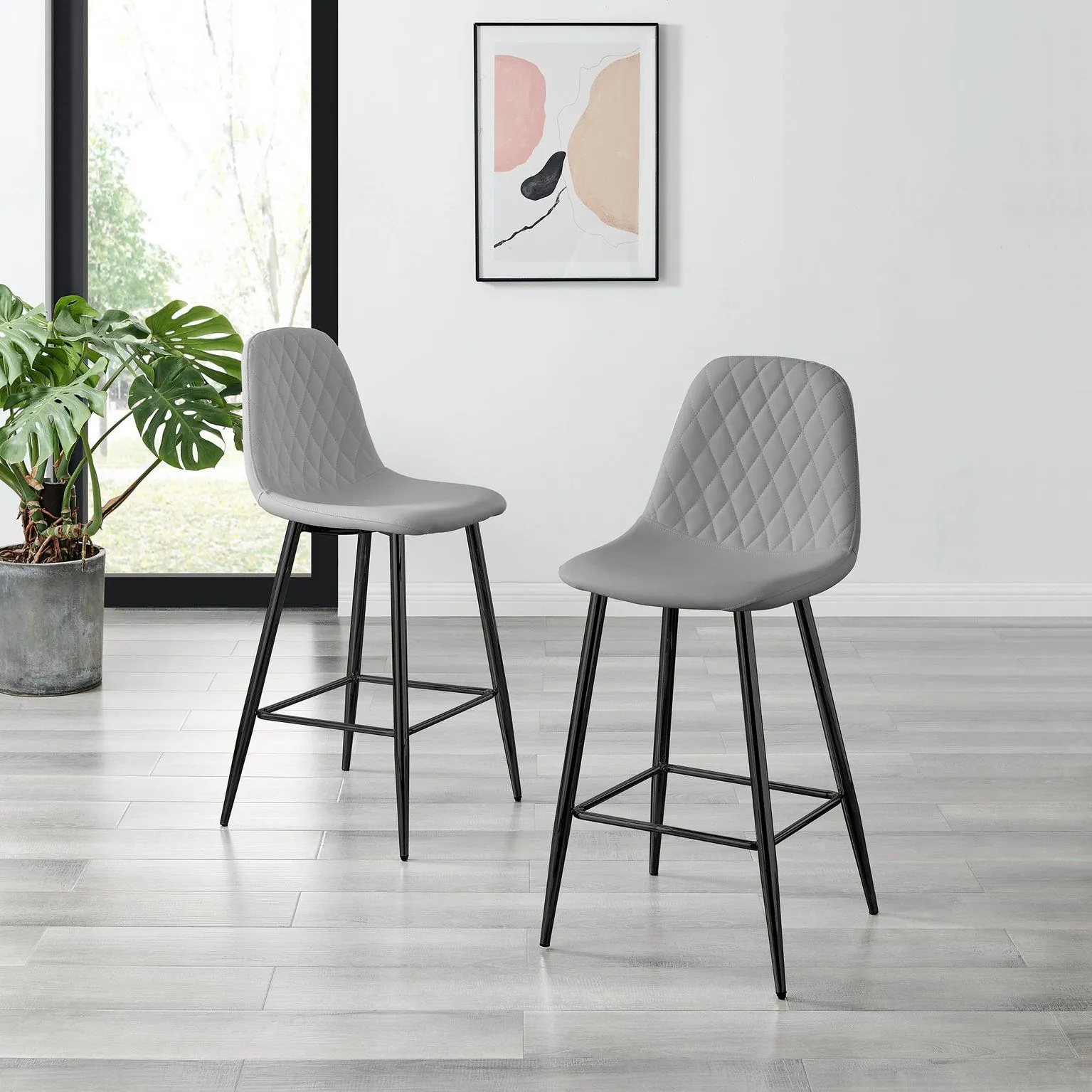 FurnitureboxUK Corona Set of 2 Counter Stools - Faux Leather Counter Stools With Black Legs - Kitchen Island Stool in Grey 2