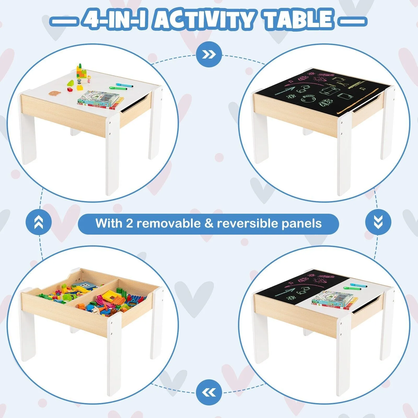 Costway Table & Chair Set Activity Desk 2 Chairs with Reversible Blackborad in White 3