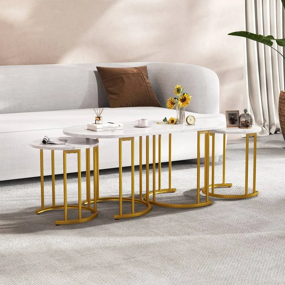 Costway 3PCS Nesting Coffee Table Set 110cm Coffee Table w/ 2 Side Tables in White 3