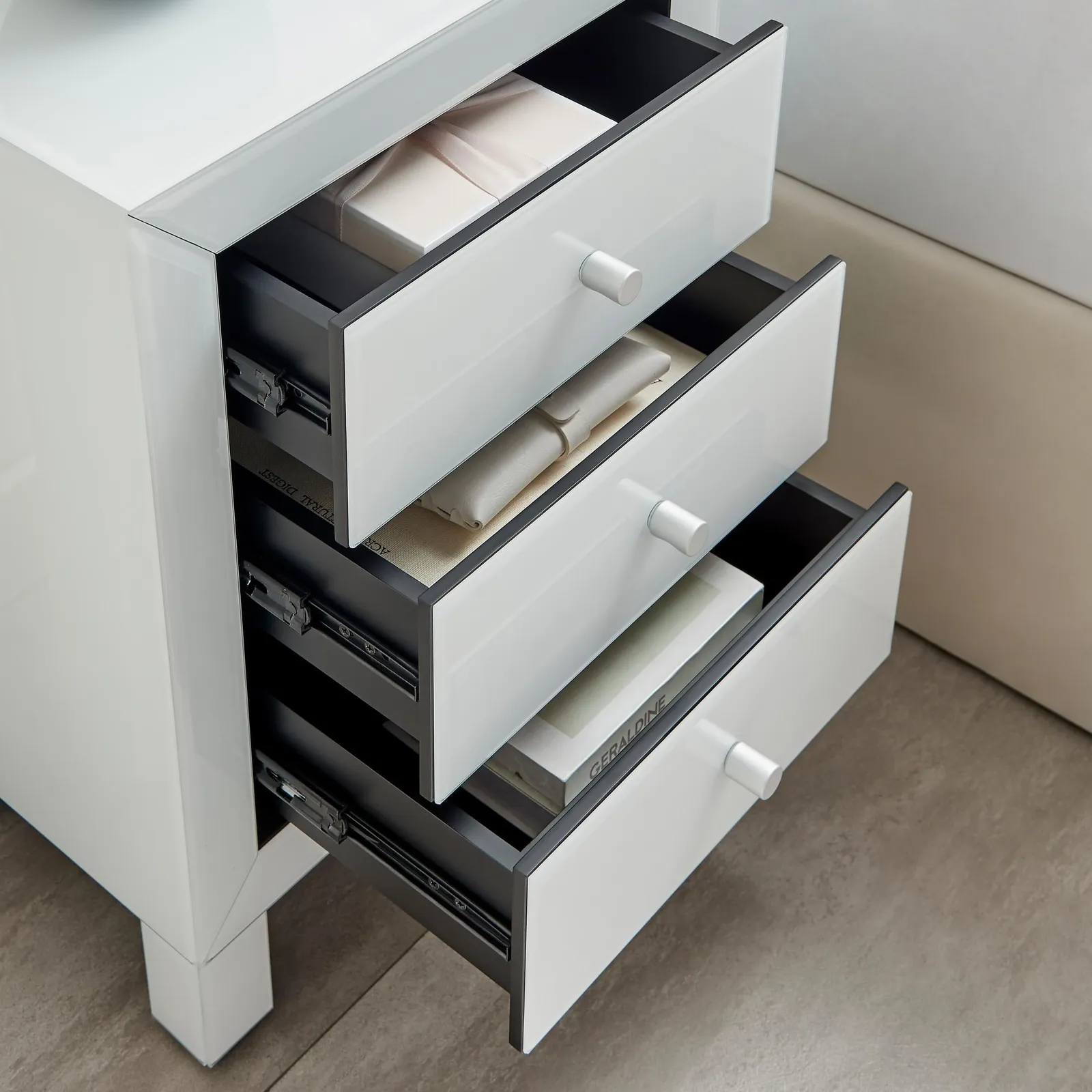 FurnitureboxUK Lexi Large Wooden Bedside Table with 3 Drawers & a Modern Mirrored Finish in White 4
