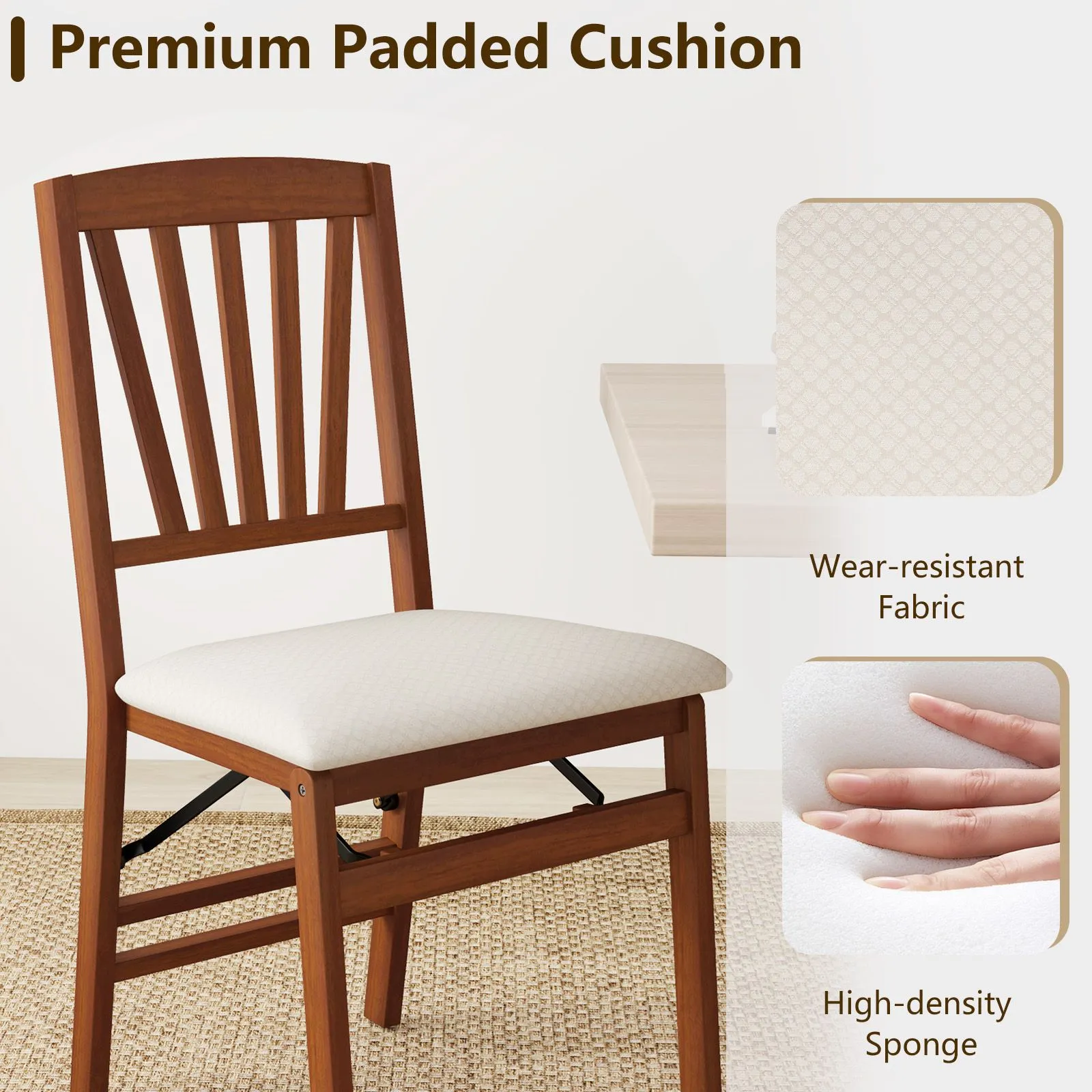 Costway Dining Chair Set of 2 Folding Chairs with Padded Seat in Brown 4