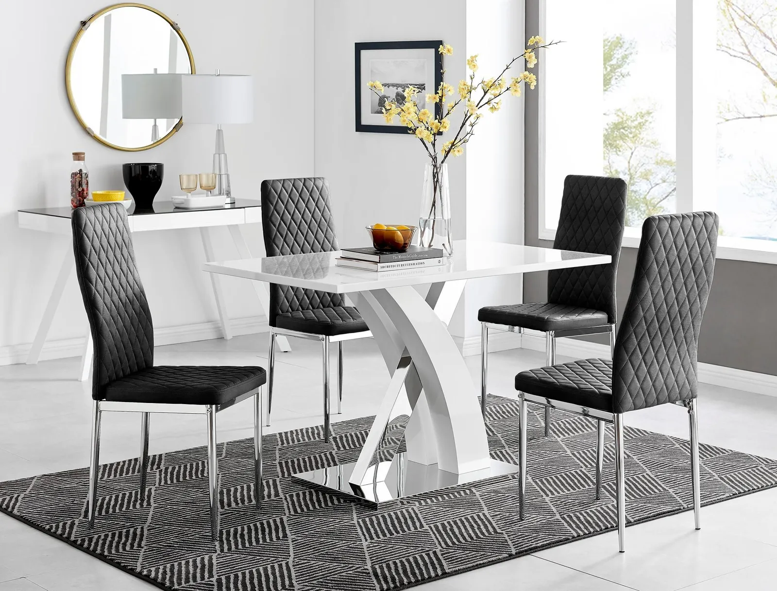 FurnitureboxUK Atlanta White High Gloss & Chrome 4 Seater Dining Table with X Shaped Legs & 4 Soft Velvet Milan Chairs in Black